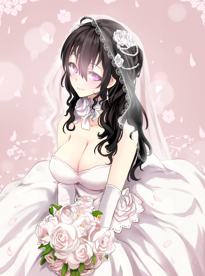 beifeng_han bouquet breasts bridal_gauntlets bridal_veil bride cleavage dress earrings elbow_gloves floral_background flower gloves hair_between_eyes jewelry large_breasts long_hair looking_at_viewer miyaura_sanshio original pink_background smile veil violet_eyes white_dress