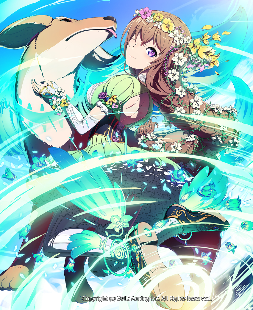 1girl 2012 black_legwear braid brown_hair dress frilled_dress frills green_dress head_wreath kyousin lord_of_knights official_art one_eye_closed original ponytail shoes smile tongue tongue_out violet_eyes