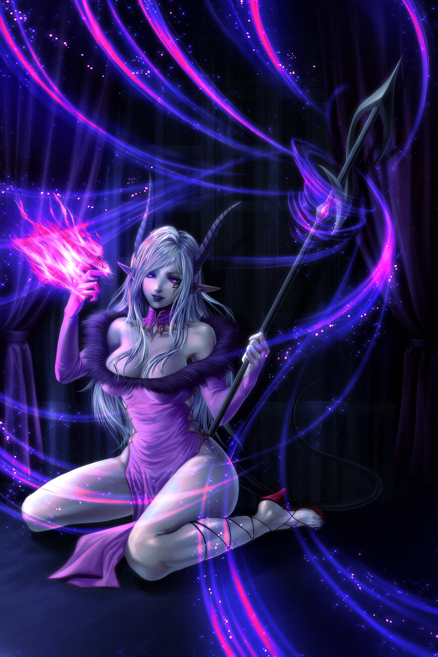 1girl breasts bridal_gauntlets cleavage collar curtains dress facial_mark fire high_heels highres horns magic no_panties pixiv_fantasia pixiv_fantasia_fallen_kings pointy_ears polearm purple_fire sakura7716 silver_hair silver_skin sitting smile solo spear strapless_dress tail violet_eyes wariza weapon