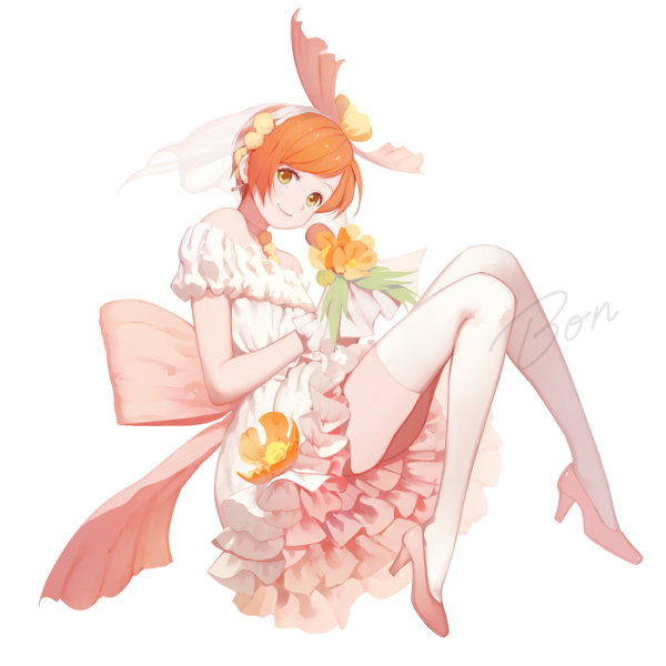 1girl alternate_costume bangs bare_shoulders bon_nob bouquet bow closed_mouth dress earrings flower flower_request frilled_dress frills full_body gloves green_eyes hair_ornament hairband high_heels hoshizora_rin jewelry looking_at_viewer love_live!_school_idol_project orange_flower orange_hair pink_bow pink_shoes see-through shoes short_hair signature simple_background smile solo swept_bangs thigh-highs veil white_background white_bow white_dress white_gloves white_legwear
