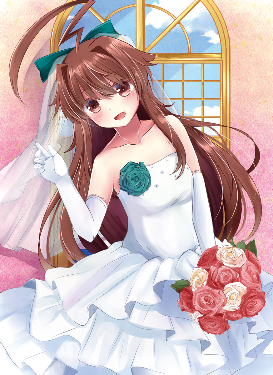1girl ahoge alternate_costume bare_shoulders blue_sky blush bouquet bridal_veil bride brown_eyes brown_hair clouds collarbone commentary_request dress elbow_gloves flower frills gloves green_ribbon green_rose hair_ornament hair_ribbon highres holding holding_bouquet kantai_collection kuma_(kantai_collection) long_hair looking_at_viewer masakazu_(coccinellee) open_mouth red_rose ribbon rose sky solo veil wedding_dress white_dress white_gloves white_rose window