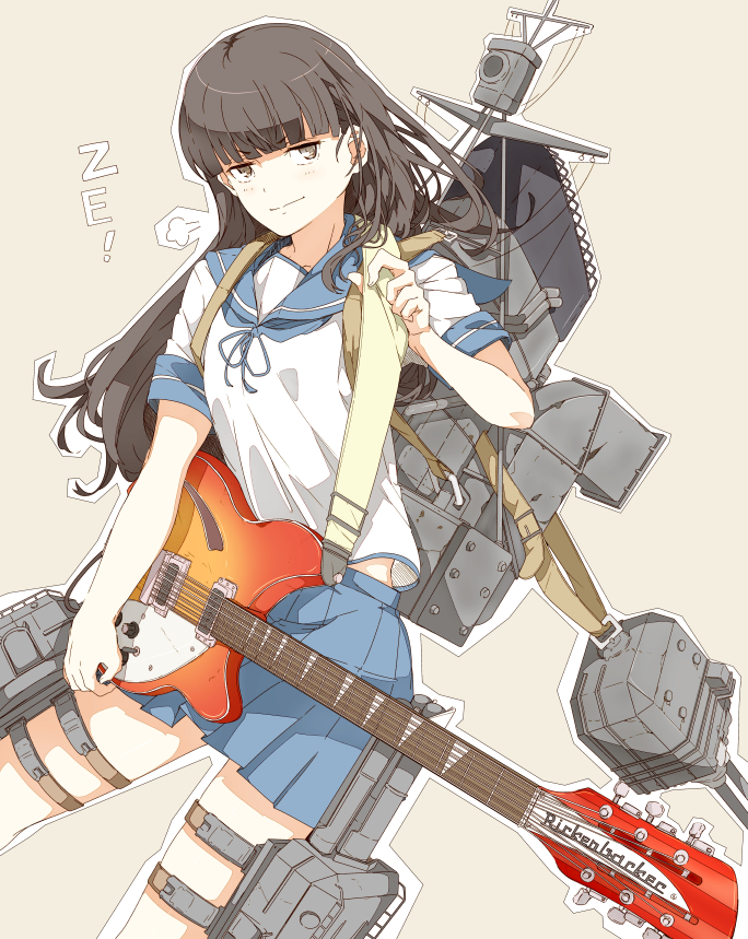 1girl black_hair brown_eyes electric_guitar grey_background guitar hatsuyuki_(kantai_collection) hime_cut instrument kantai_collection long_hair looking_at_viewer ninimo_nimo school_uniform serafuku simple_background smile solo turret