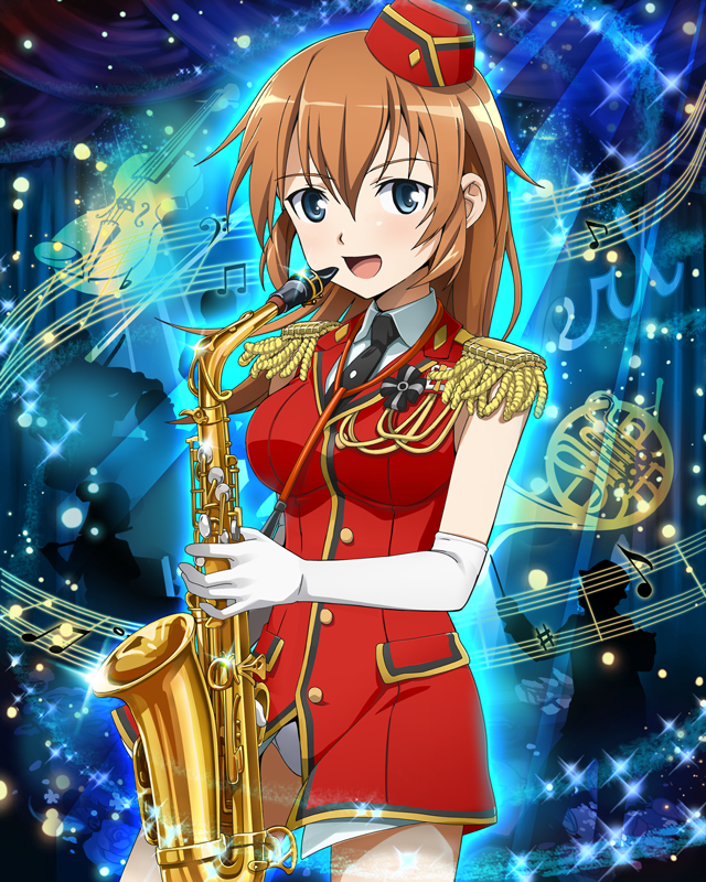 1girl blue_eyes charlotte_e_yeager elbow_gloves epaulettes gloves hat instrument long_hair marching_band musical_note necktie open_mouth orange_hair panties saxophone smile staff_(music) strike_witches underwear uniform white_panties