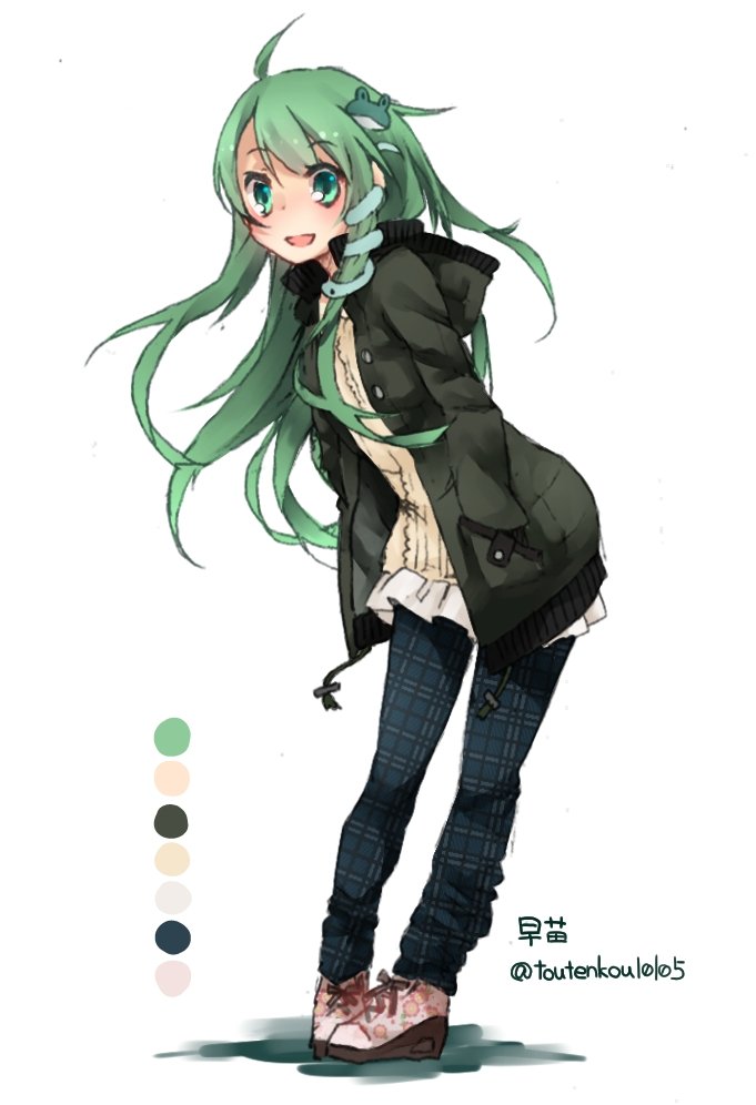 1girl alternate_costume bent_over coat color_guide frog_hair_ornament full_body green_eyes green_hair hair_ornament hands_in_pockets hood kochiya_sanae long_hair long_sleeves open_mouth pants plaid plaid_pants shirt shoes simple_background smile snake_hair_ornament sneakers solo touhou toutenkou twitter_username white_background