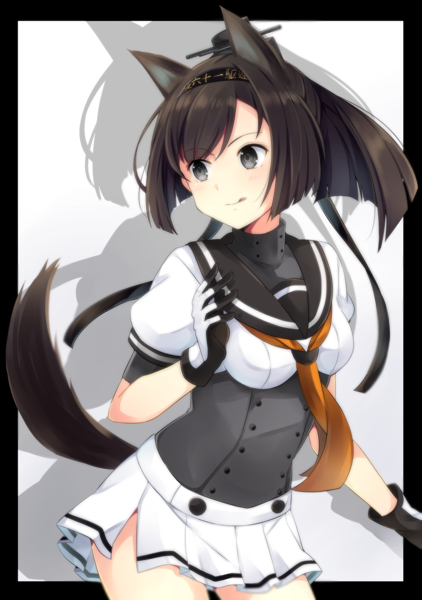 1girl :q ahoge akizuki_(kantai_collection) animal_ears bangs black_border black_eyes black_hair black_ribbon blush border brown_hair corset cowboy_shot gloves hair_ornament hairband kantai_collection kemonomimi_mode long_hair looking_away looking_to_the_side machinery miniskirt pleated_skirt ponytail ribbon school_uniform serafuku side_slit silhouette skirt solo swept_bangs tail tongue tongue_out white_skirt yukichi_(eikichi)