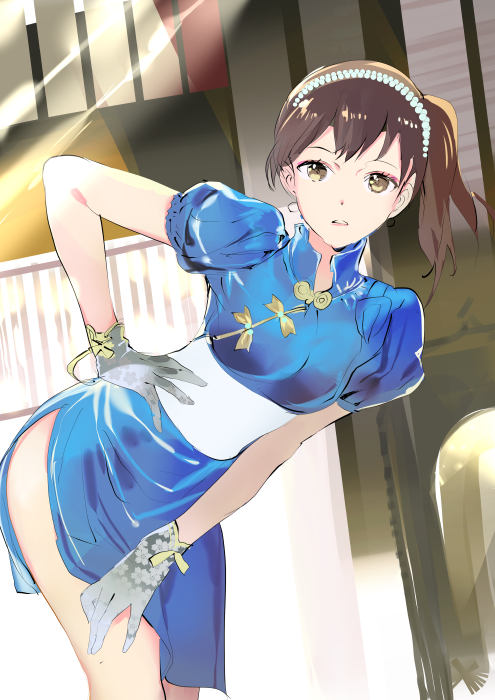 119 brown_eyes brown_hair china_dress chinese_clothes gloves hairband hand_on_hip kaga_(kantai_collection) kantai_collection looking_at_viewer ponytail sash short_sleeves side_ponytail side_slit