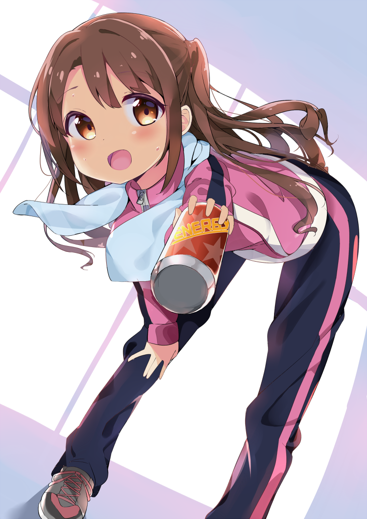 1girl :d bent_over blue_pants blush brown_eyes brown_hair chikuwa. dutch_angle energy_drink eyebrows eyebrows_visible_through_hair eyelashes hand_on_own_knee holding idolmaster idolmaster_cinderella_girls jacket long_hair long_sleeves looking_at_viewer open_mouth pants pink_jacket pov shimamura_uzuki shoelaces shoes smile sneakers soda_can solo standing sweatdrop towel towel_around_neck track_jacket track_pants zipper