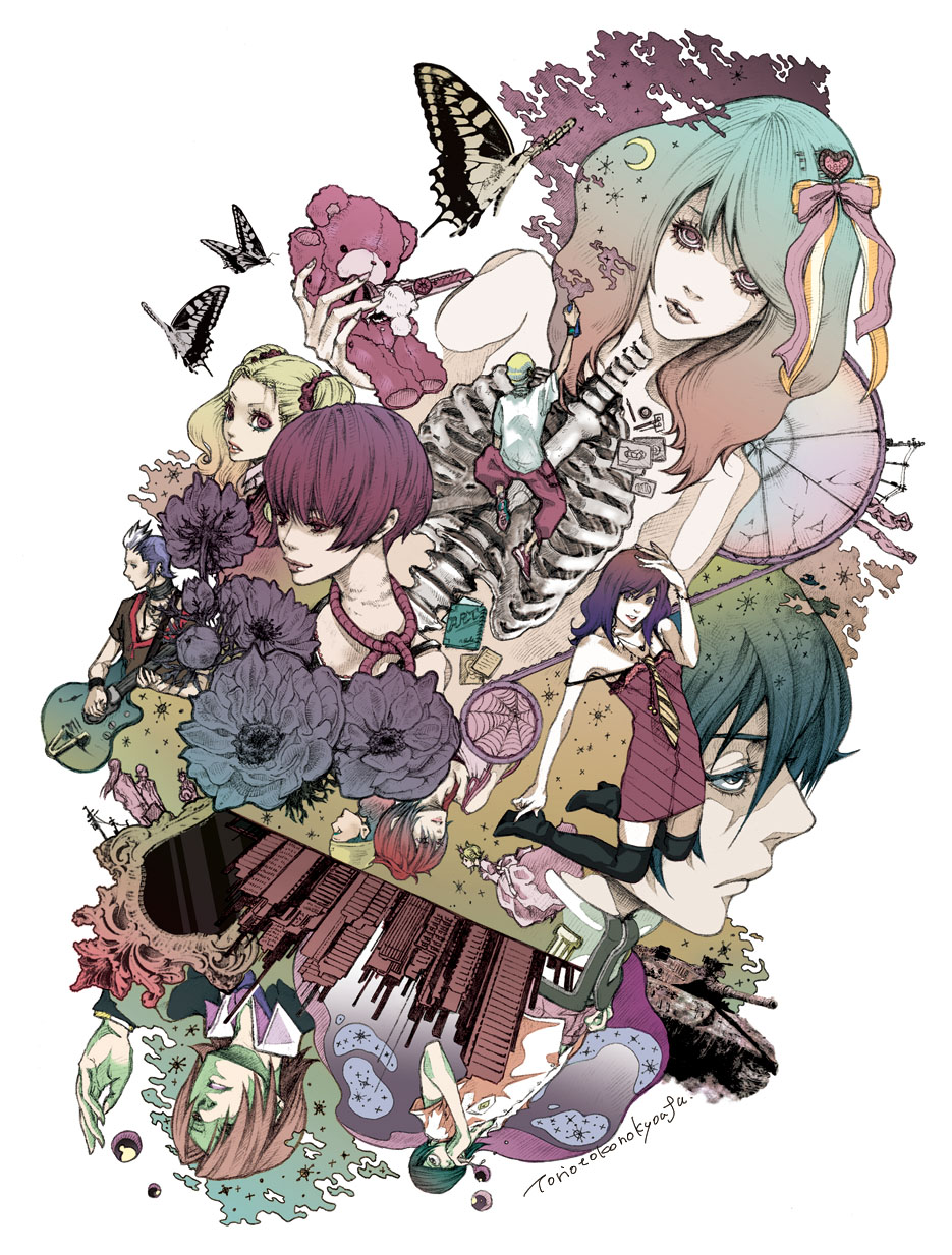 amano_maya animal artist_name ayase_yuka bags_under_eyes bangs baofu bare_shoulders beanie black_legwear blue_hair bone book brown_hair building butterfly buttons cannon character_request choker cityscape climbing collarbone collared_shirt conductor crescent_moon dress expressionless fingernails flower full_body glasses gradient_hair guitar hair_ornament half-closed_eyes hand_on_head hat hawaiian_shirt head_scarf heart_hair_ornament highres insect instrument kirishima_eriko kneeling kurosu_jun lips lisa_silverman long_hair looking_at_viewer mayuzumi_yukino military military_vehicle mirror mishina_eikichi mole mole_under_mouth moon multicolored_hair multiple_boys multiple_girls necktie note nude off_shoulder orange_hair pants paper parted_lips persona persona_1 persona_2 philemon_(butterfly) pillar pink_dress pole puffy_short_sleeves puffy_sleeves purple_hair red_dress red_eyes rope scrunchie serizawa_ulala shirt short_hair short_sleeves silhouette simple_background skeleton sky skyscraper sonomura_maki spaghetti_strap star_(sky) stuffed_animal stuffed_toy suou_katsuya suou_tatsuya tank tattoo teddy_bear teeth thigh-highs tori_otoko_no_kyoufu toudou_naoya twintails vehicle white_background white_shirt x-ray zettai_ryouiki