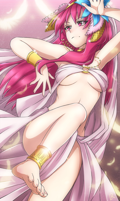 1girl alina_pegova anklet barefoot bracelet breasts dancer dancing feet flower hair_flower hair_ornament harem_outfit jewelry magi_the_labyrinth_of_magic morgiana red_eyes redhead toes under_boob