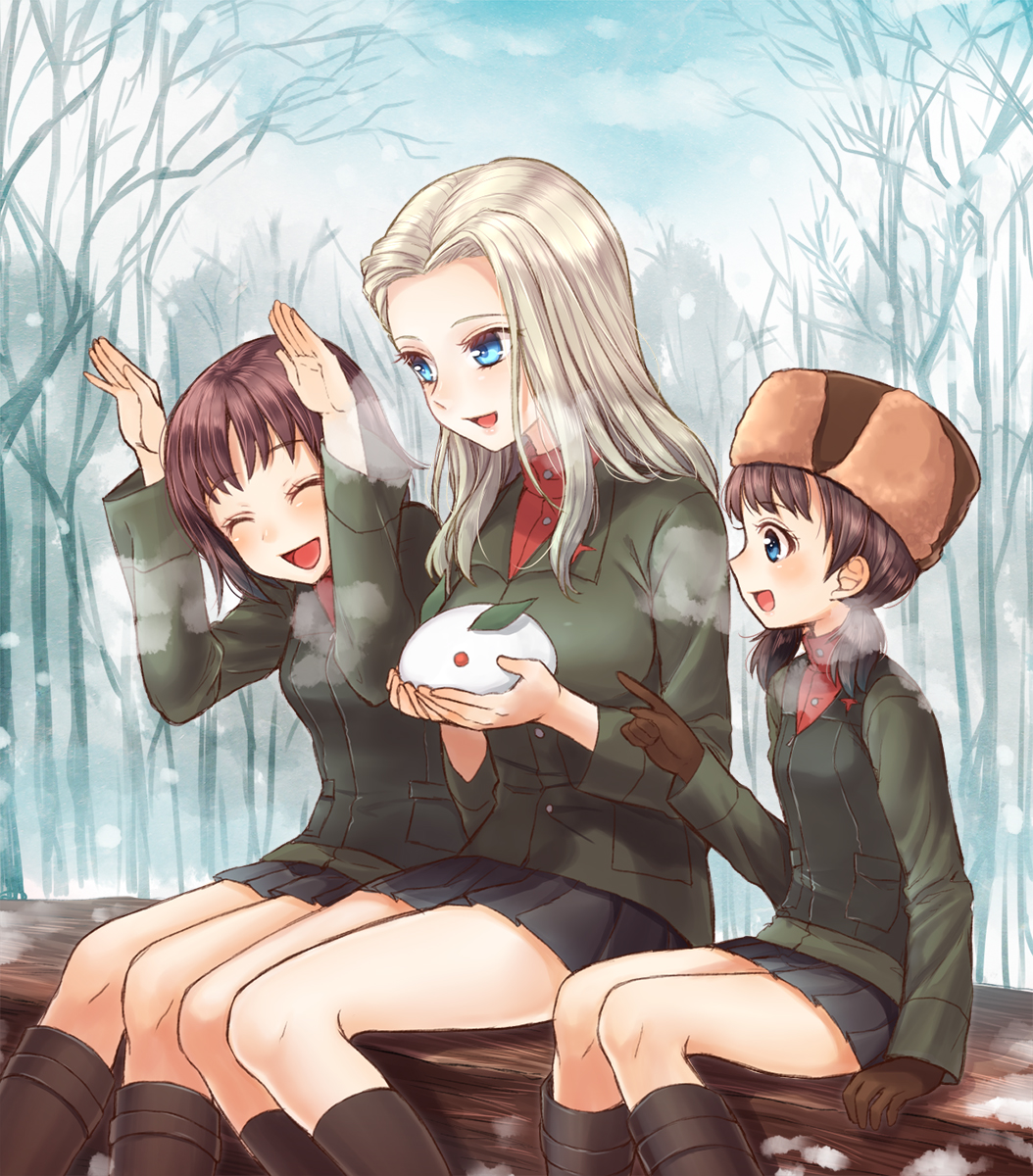 3girls alina_(girls_und_panzer) black_skirt blonde_hair blue_eyes boots brown_hair bunny_pose clara_(girls_und_panzer) closed_eyes forest fur_hat girls_und_panzer gloves hat highres holding jacket knee_boots long_hair long_sleeves miniskirt multiple_girls nature nina_(girls_und_panzer) open_mouth outdoors pleated_skirt short_hair skirt smile snow_bunny totonii_(totogoya) turtleneck twintails ushanka