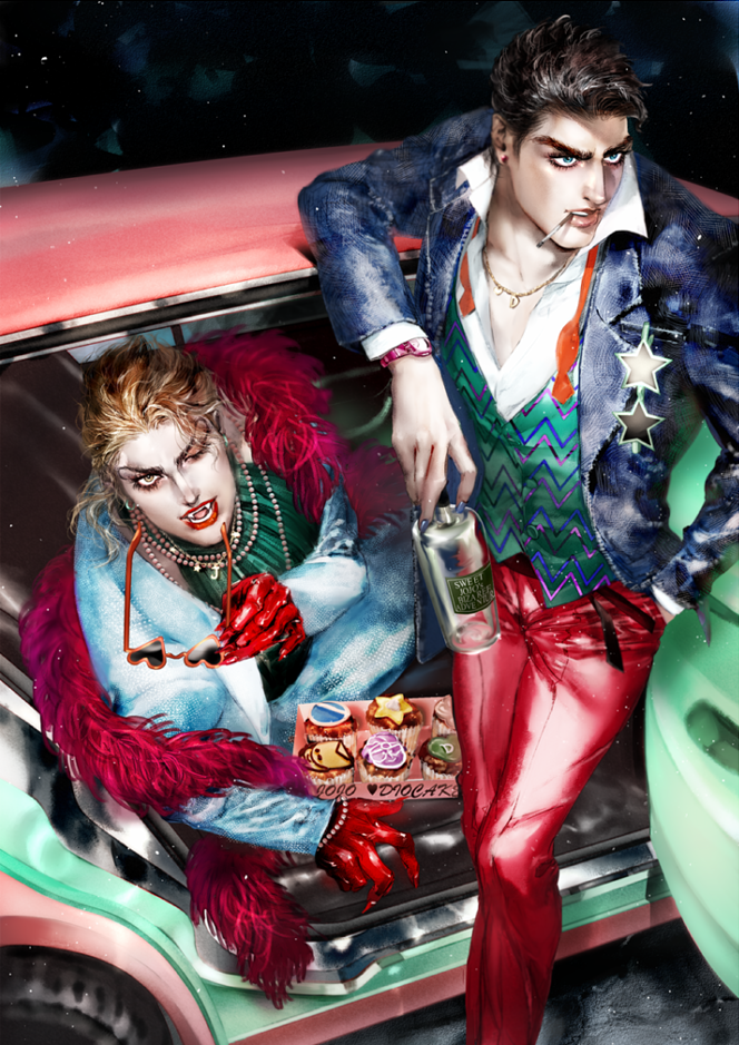 bead_necklace black_hair blonde_hair blue_eyes bowtie_removed car cigarette claws cupcake dio_brando earrings empty eyelashes fabulous fangs gloves grey_eyes heart jacket jewelry jojo_no_kimyou_na_bouken kuujou_joutarou lipstick makeup motor_vehicle necklace one_eye_closed open_mouth red_gloves red_lipstick scarf sitting suit_jacket sunglasses sunglasses_removed taburakashi vehicle watch watch wine_bottle