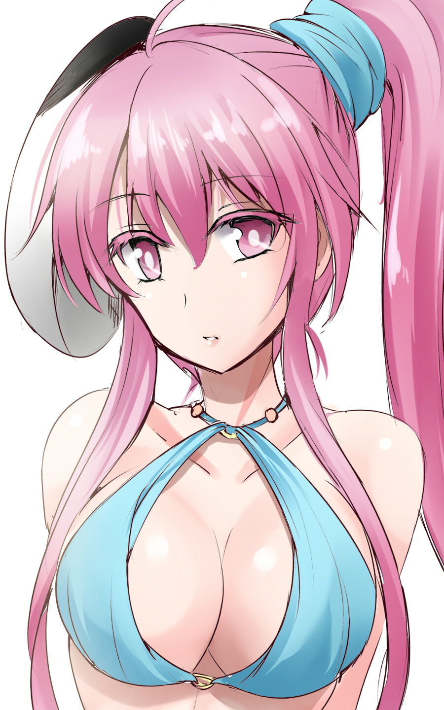 1girl alternate_costume alternate_hairstyle bikini blue_bikini breasts cleavage expressionless hata_no_kokoro highres large_breasts long_hair looking_at_viewer mask pink_eyes pink_hair side_ponytail simple_background sketch solo swimsuit touhou upper_body y2