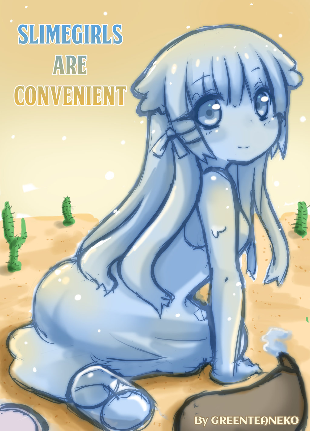 1girl artist_name blue blue_eyes blue_hair blue_skin cactus desert english full_body goo_girl greenteaneko highres long_hair looking_at_viewer monster_girl original smile solo water