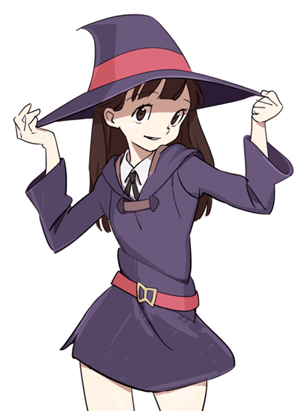 1girl akko_kagari brown_eyes cowboy_shot hat holding holding_hat little_witch_academia long_hair looking_at_viewer smile solo witch_hat