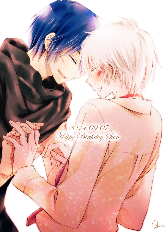 2boys blood blue_hair closed_eyes holding_hands nezumi_(no.6) no.6 shion_(no.6) tears white_hair yaoi