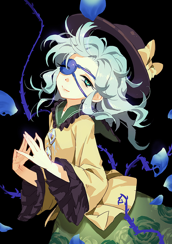 1girl aqua_eyes bow darkness eyepatch fingers_together floral_print hat hat_bow komeiji_koishi long_sleeves looking_at_viewer petals seeker shirt silver_hair skirt solo third_eye touhou vines wide_sleeves
