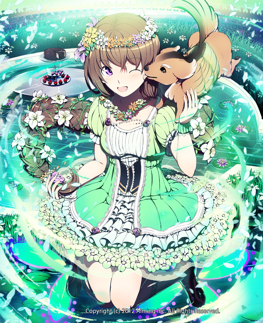 1girl 2012 black_legwear black_shoes braid brown_hair cake dog dress food frilled_dress frills green_dress head_wreath kyousin lily_pad lord_of_knights official_art one_eye_closed open_mouth original ponytail shoes solo violet_eyes