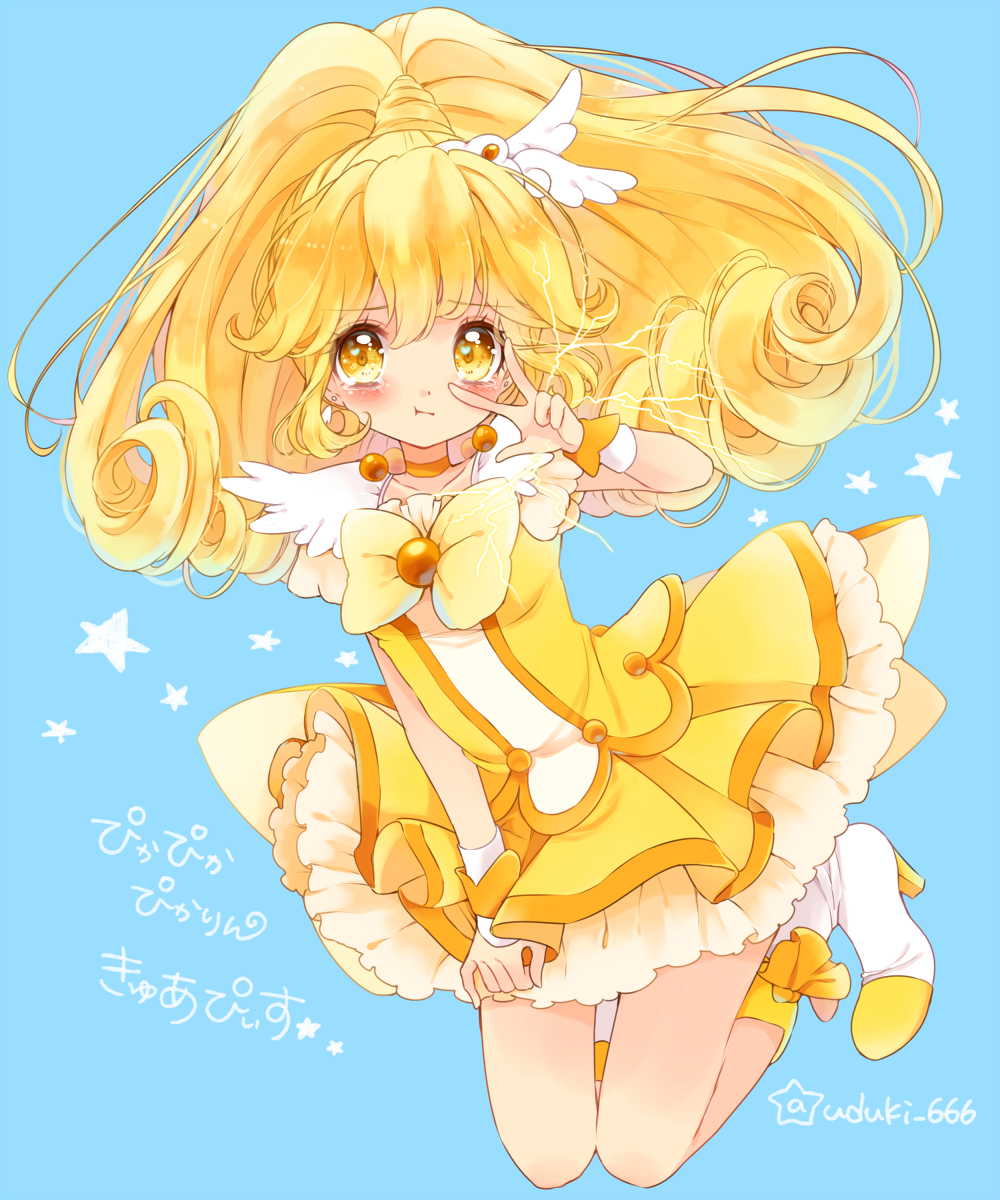 1girl :t blonde_hair blue_background bow brooch character_name choker cure_peace curly_hair frills full_body highres jewelry kise_yayoi kneeling long_hair magical_girl pika_pika_pikarin_jankenpon pout precure shoes skirt smile_precure! solo star twitter_username uzuki_aki v white_shoes wrist_cuffs yellow_bow yellow_eyes yellow_skirt