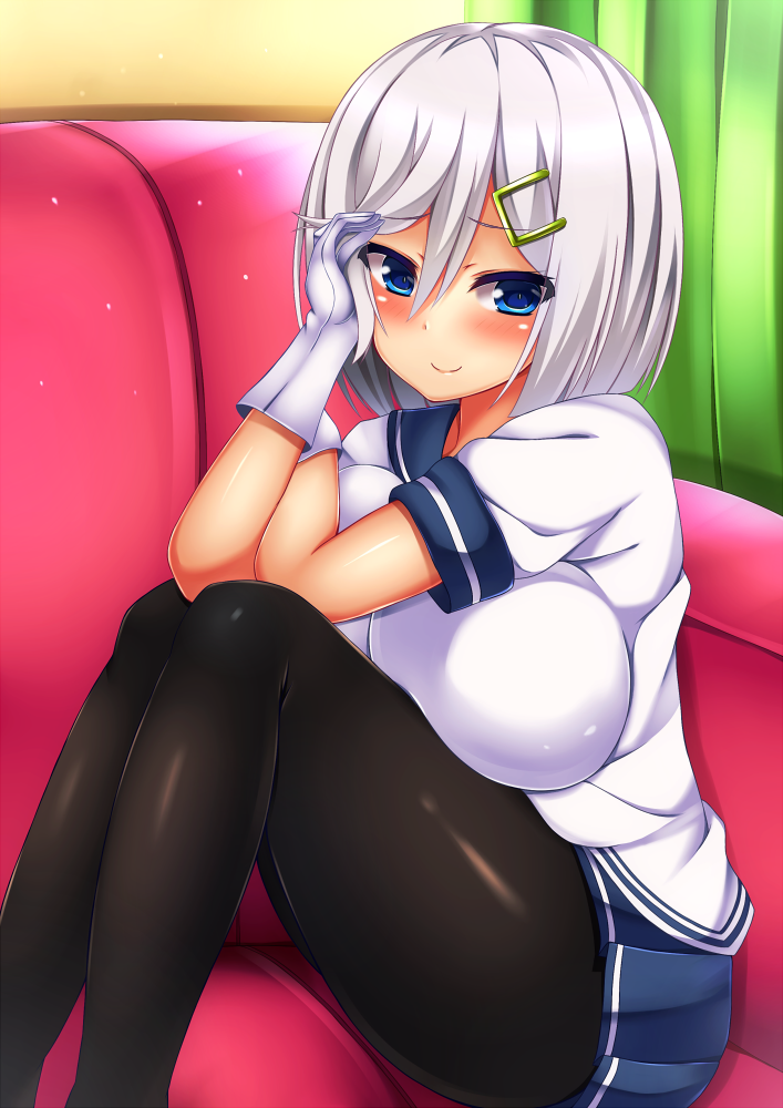 1girl adjusting_hair black_legwear blue_eyes blush breasts couch curtains gloves hair_ornament hairclip hamakaze_(kantai_collection) kantai_collection knees_on_chest large_breasts legs_up looking_at_viewer pantyhose pleated_skirt school_uniform serafuku short_hair silver_hair sitting skirt smile solo uniform white_gloves yahiro_(anhnw)