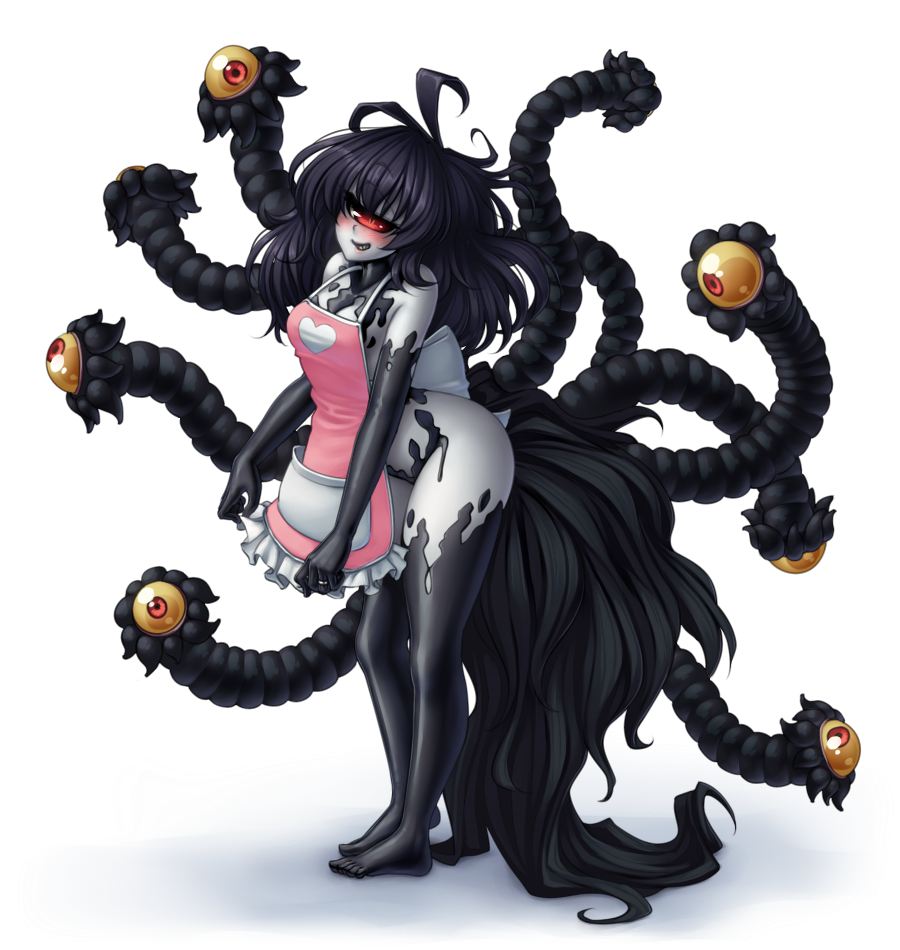 1girl ahoge apron arched_back bare_shoulders black_hair blush contrapposto cyclops extra_eyes full_body gazer_(monster_girl_encyclopedia) grin long_hair looking_at_viewer monorus monster_girl monster_girl_encyclopedia naked_apron one-eyed pink_apron red_eyes smile solo tail tentacles white_skin