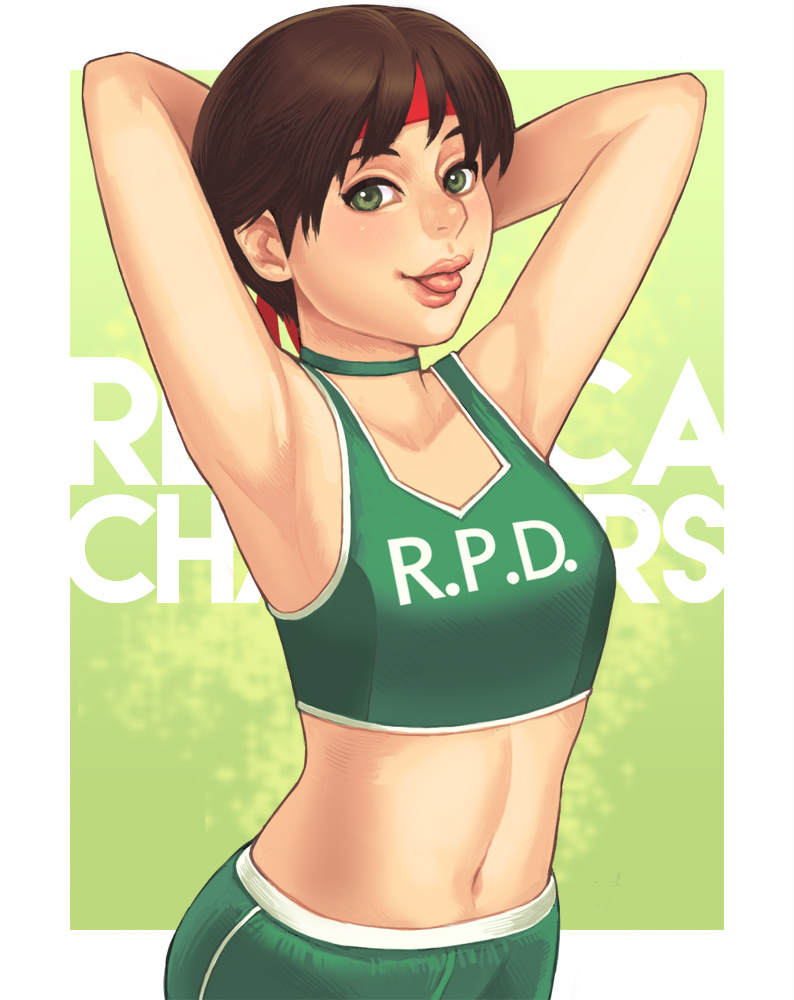 1girl :p armpits arms_up brown_hair character_name flat_chest green_eyes lips looking_at_viewer maou_alba midriff navel rebecca_chambers resident_evil resident_evil_2 short_hair solo tank_top tongue tongue_out