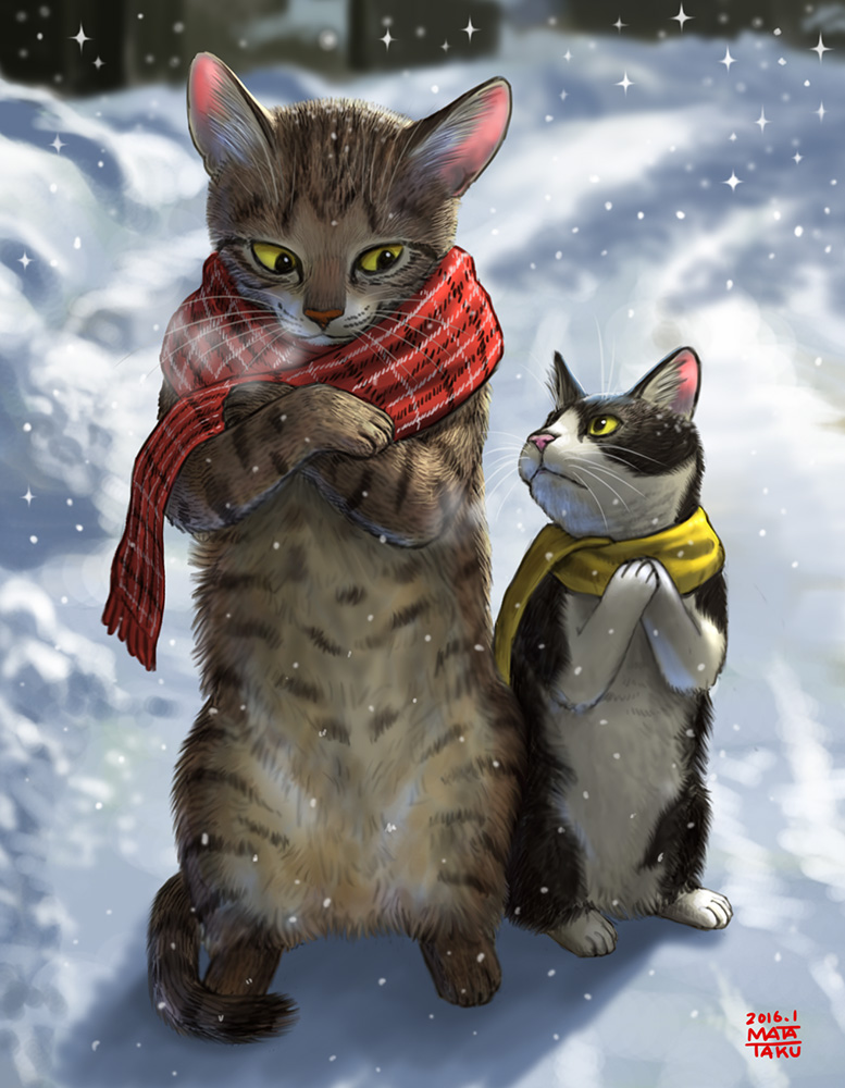 cat commentary_request kitten matataku no_humans original scarf snow snowing