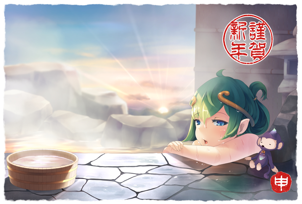 1girl ahoge blue_eyes border bucket chestnut_mouth circlet clouds folded_ponytail green_hair long_hair monkey nengajou new_year onsen original pavement rock shade sky solo steam stone_lantern sunrise twilightrain water wet wet_hair wooden_bucket