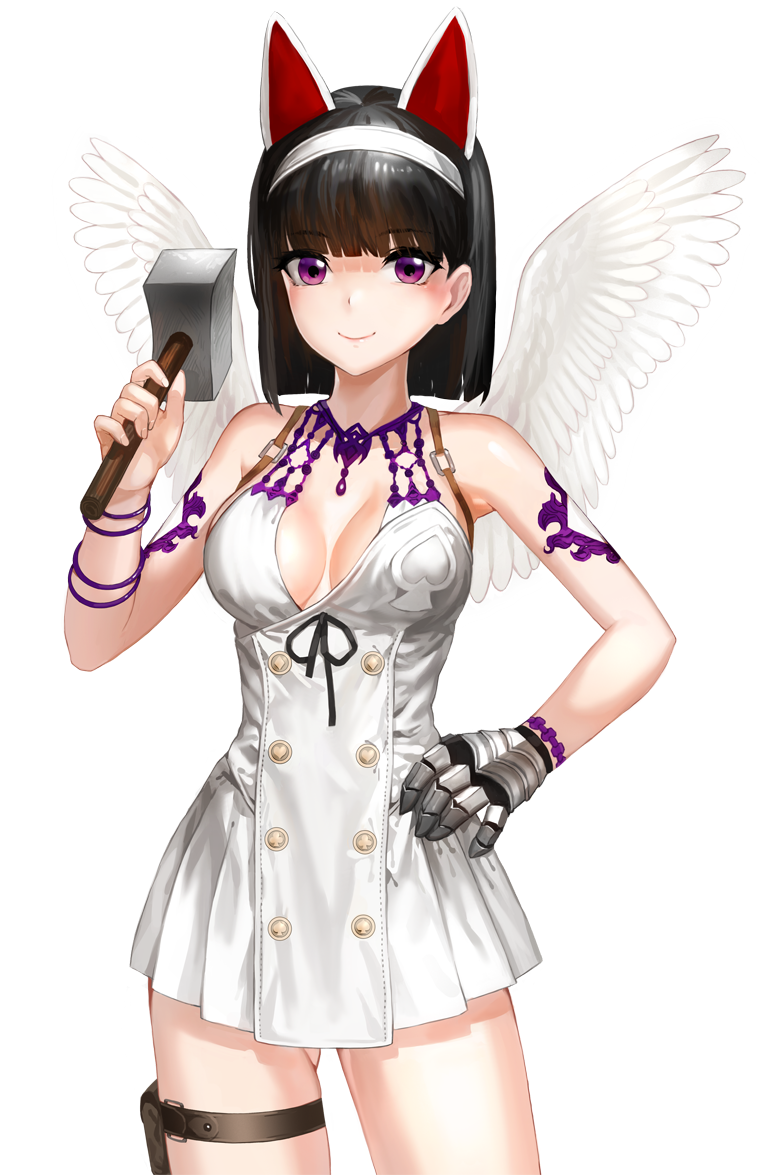 1girl animal_ears black_hair breasts character_request cleavage hairband hammer hand_on_hip kfr long_hair mabinogi mabinogi_heroes short_hair simple_background smile solo violet_eyes white_background