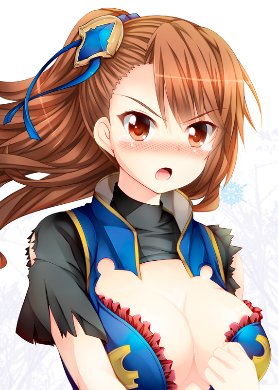 1girl beatrix_(granblue_fantasy) blush breasts brown_eyes brown_hair cleavage commentary_request granblue_fantasy hair_ornament large_breasts long_hair looking_at_viewer open_mouth shirt solo tears tekehiro torn_clothes torn_shirt upper_body