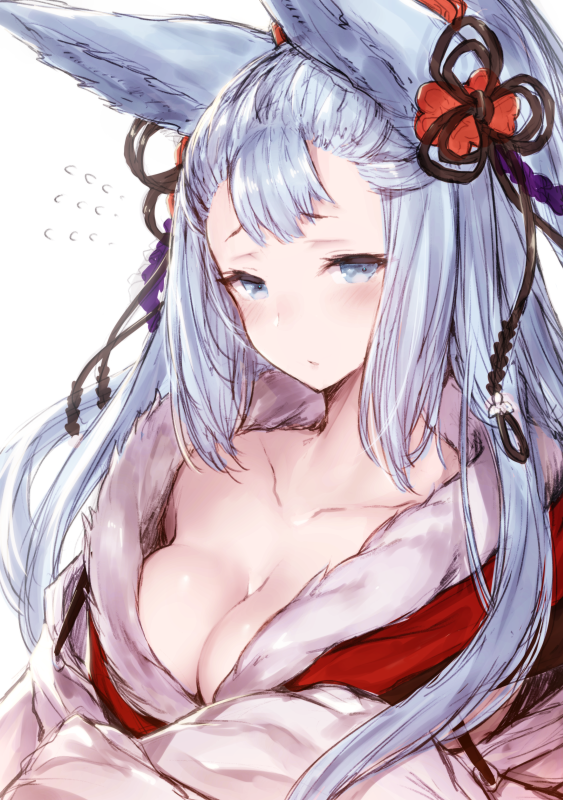1girl animal_ears blue_eyes blue_hair blush breasts cleavage flying_sweatdrops granblue_fantasy hair_ornament inayama long_hair looking_at_viewer simple_background socie_(granblue_fantasy) solo white_background