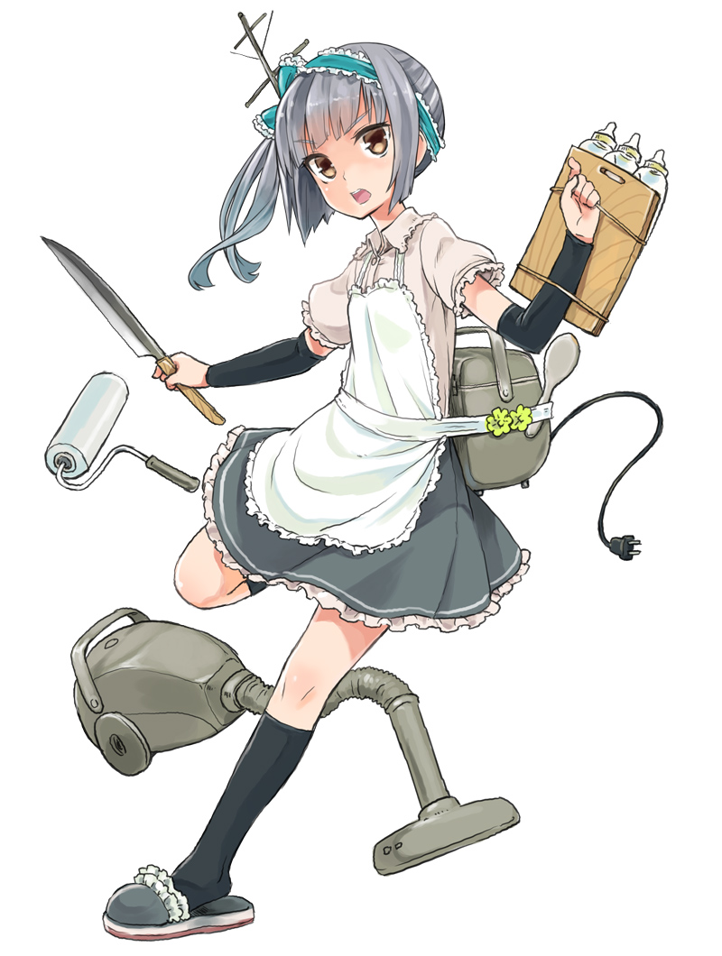 antennae apron baby_bottle bangs bottle bow brown_eyes detached_sleeves flower frills grey_hair headband kantai_collection kasumi_(kantai_collection) kneehighs knife nukosama open_mouth paint_roller rice_cooker rice_spoon ruffled_sleeves short_sleeves side_ponytail slippers tagme tsurime vacuum_cleaner