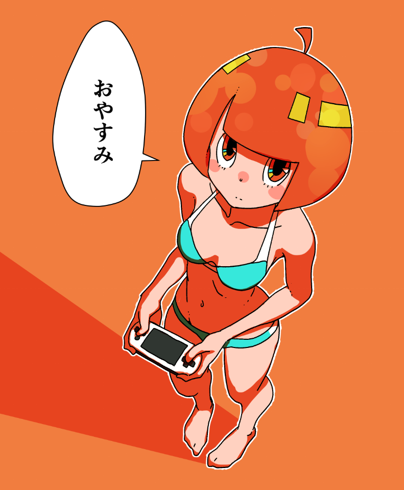 1girl ammonio bangs barefoot bikini blue_bikini blunt_bangs breasts character_request cleavage collarbone feet game_console groin handheld_game_console multicolored_eyes navel orange_background playing_games playstation_portable shadow short_hair simple_background small_breasts solo speech_bubble swimsuit translation_request
