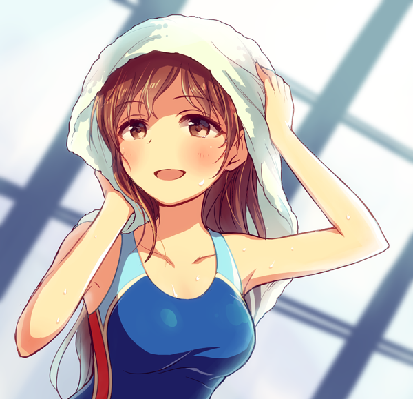 1girl breasts brown_eyes brown_hair competition_swimsuit doseki_udon idolmaster idolmaster_cinderella_girls idolmaster_cinderella_girls_starlight_stage long_hair nitta_minami one-piece_swimsuit solo swimsuit towel