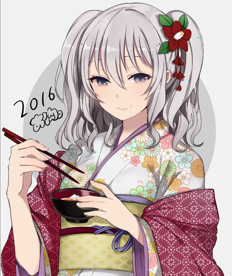 2016 akeome chopsticks flower hair_flower hair_ornament japanese_clothes kantai_collection kashima_(kantai_collection) kimono new_year oniku_(oishii_oniku) silver_hair smile wavy_hair