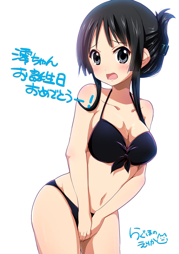 1girl akiyama_mio bikini black_eyes black_hair blush breasts cleavage covering covering_crotch front-tie_top hair_ornament hair_up hairclip k-on! large_breasts long_hair looking_at_viewer open_mouth ragho_no_erika solo swimsuit translation_request