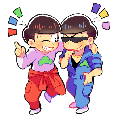 2boys ;d alternate_costume brothers clothes_around_waist hand_on_hip index_finger_raised jumpsuit long_sleeves lowres male_focus matsuno_karamatsu matsuno_osomatsu multiple_boys one_eye_closed open_mouth osomatsu-kun osomatsu-san sachidraws siblings simple_background smile sunglasses tied_sleeves v-neck white_background