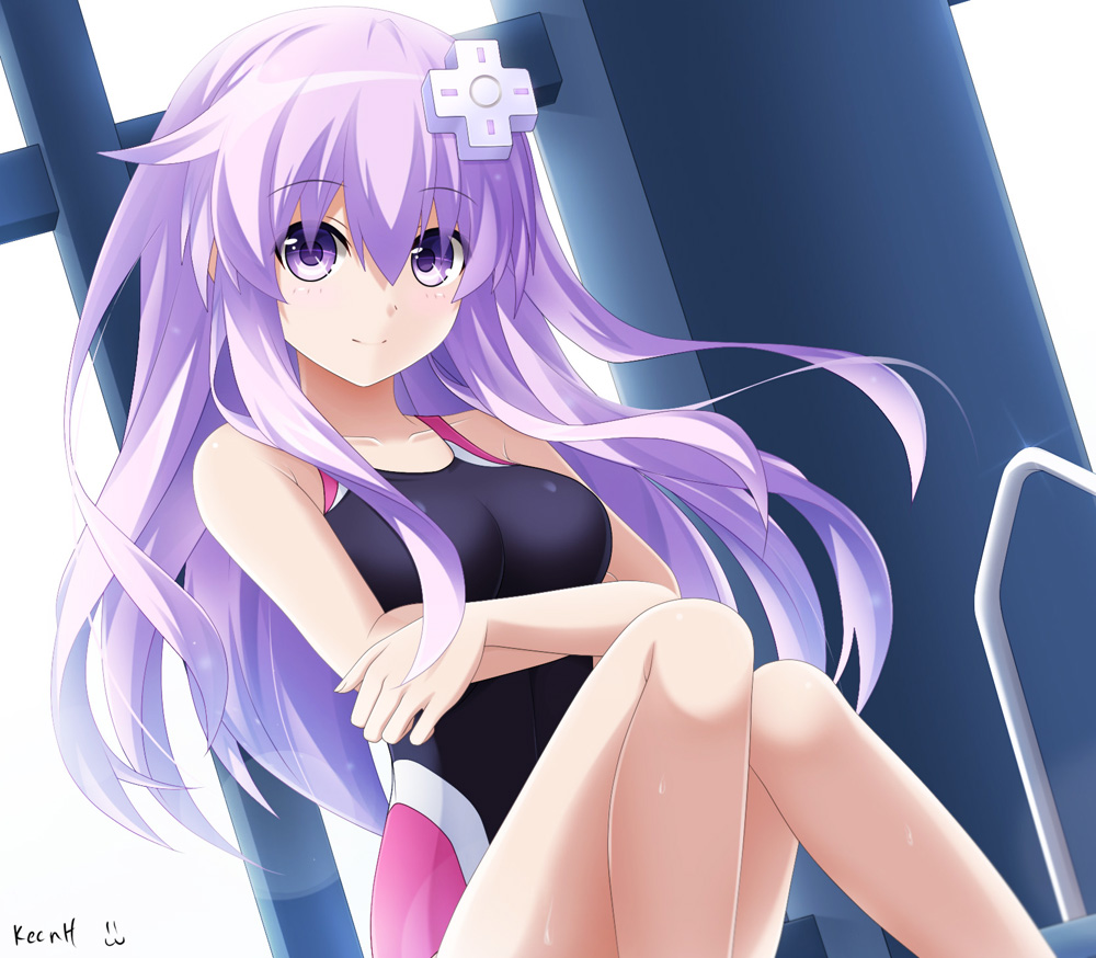 1girl artist_name bare_shoulders blush choujigen_game_neptune collarbone competition_swimsuit covered_navel crossed_arms dutch_angle eyebrows eyebrows_visible_through_hair hair_between_eyes hair_ornament indoors keenh long_hair looking_at_viewer nepgear neptune_(series) one-piece_swimsuit pink_hair pool_ladder skin_tight smile solo swimsuit very_long_hair violet_eyes water water_droplets wet