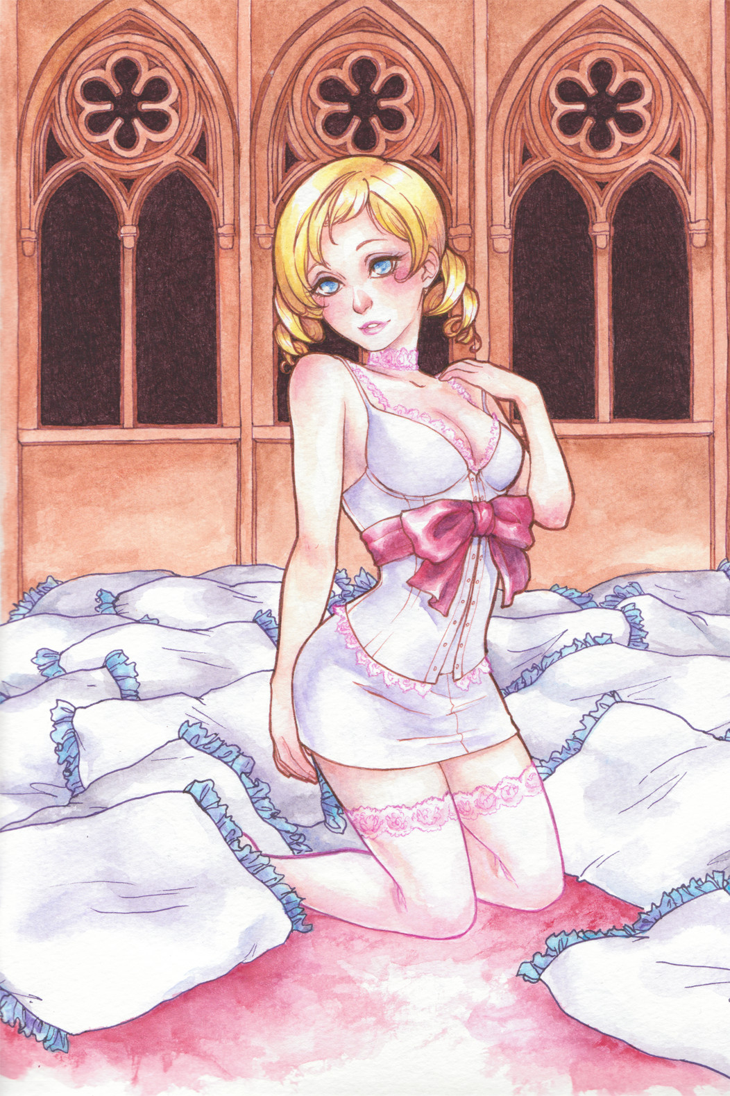 1girl blonde_hair blue_eyes breasts catherine catherine_(game) choker cleavage crestomancer dress drill_hair highres ink_(medium) kneeling lipstick makeup pillow pink_lipstick ribbon short_dress solo strap_pull thigh-highs traditional_media watercolor_(medium) white_dress