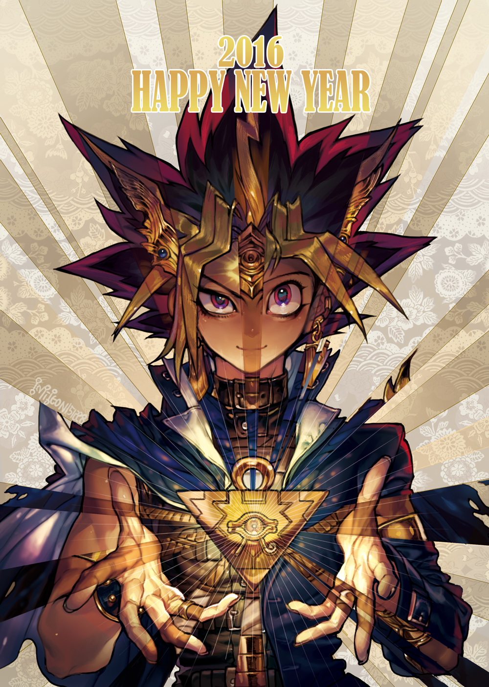 2016 3boys atem belt black_hair blonde_hair dated earrings happy_new_year highres jewelry male_focus millennium_puzzle multicolored_hair multiple_boys mutou_yuugi new_year open_collar pigeon666 pink_eyes pink_hair ring school_uniform smile spiky_hair tiara torn_clothes wrist_cuffs yami_yuugi yuu-gi-ou yuu-gi-ou_duel_monsters