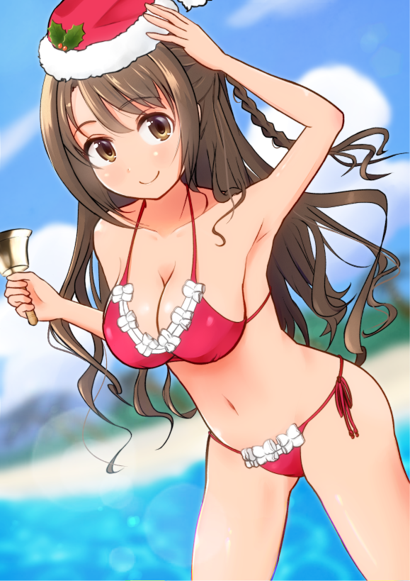 1girl arm_up armpits bikini braid breasts brown_eyes brown_hair cleavage clouds gloves hat idolmaster idolmaster_cinderella_girls lens_flare long_hair looking_at_viewer navel one_side_up santa_hat shimamura_uzuki shiny shiny_skin side-tie_bikini side_ponytail sky smile swimsuit yamaburo