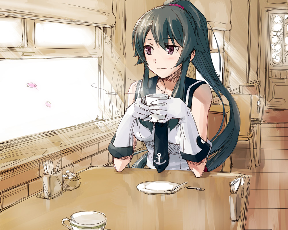 1girl anchor_symbol black_hair chair cherry_blossoms cup elbows_on_table gloves kantai_collection light_rays looking_out_window mug plate ponytail sitting smile spoon steam sunbeam sunlight teacup tsuta_no_ha yahagi_(kantai_collection)