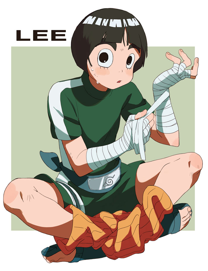 1boy bandages barefoot_sandals black_hair blush bowl_cut character_name headgear indian_style leg_warmers looking_at_viewer male_focus naruto parted_lips rock_lee sitting solo square sweat walrus-ruin