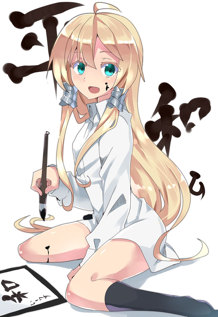 1girl :d ahoge akatoro_(nightlord) black_legwear blonde_hair blue_eyes blush bottomless calligraphy_brush colored_eyelashes dress_shirt facepaint hair_between_eyes hair_tubes ink ink_on_face kneehighs long_hair long_sleeves looking_at_viewer low_twintails open_mouth original paintbrush paper shirt sidelocks simple_background sitting smile socks solo translation_request twintails very_long_hair wariza white_background