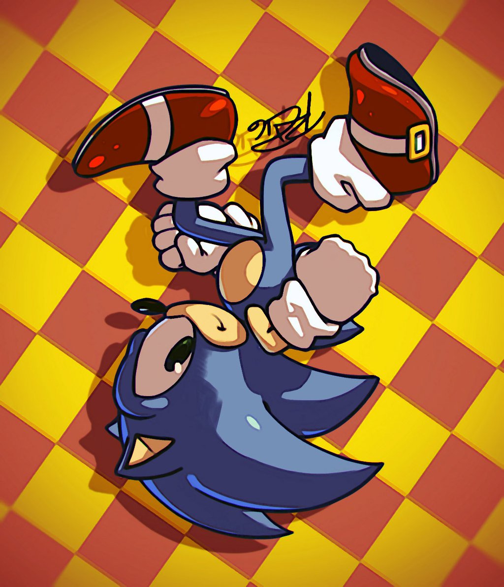 1boy checkered checkered_background gloves green_eyes looking_at_viewer male_focus robert_porter running shoes signature smile sneakers solo sonic sonic_the_hedgehog upside-down white_gloves