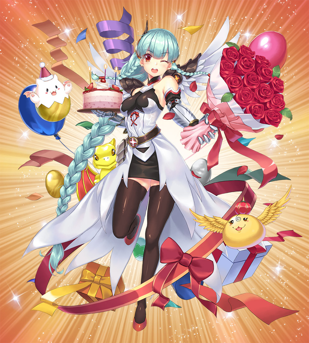 1girl aqua_hair balloon bare_shoulders belt black_legwear blush_stickers bouquet bow box cake candle dress earrings flower food gift gift_box gold_egg_(p&amp;d) hat jewelry king_shynee_(p&amp;d) leg_up loneteel long_hair one_eye_closed open_mouth party_hat puzzle_&amp;_dragons rare_egg_machine red_eyes red_rose ribbon rose silver_egg_(p&amp;d) streamers tamadra thigh-highs tri_braids valkyrie_(p&amp;d) very_long_hair wings