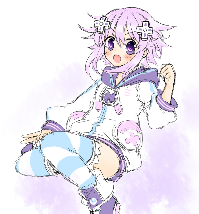 1girl blush d-pad hair_ornament hekikuu_(kanaderuyume) hood hoodie neptune_(choujigen_game_neptune) neptune_(series) purple_hair sketch solo striped striped_legwear thigh-highs violet_eyes