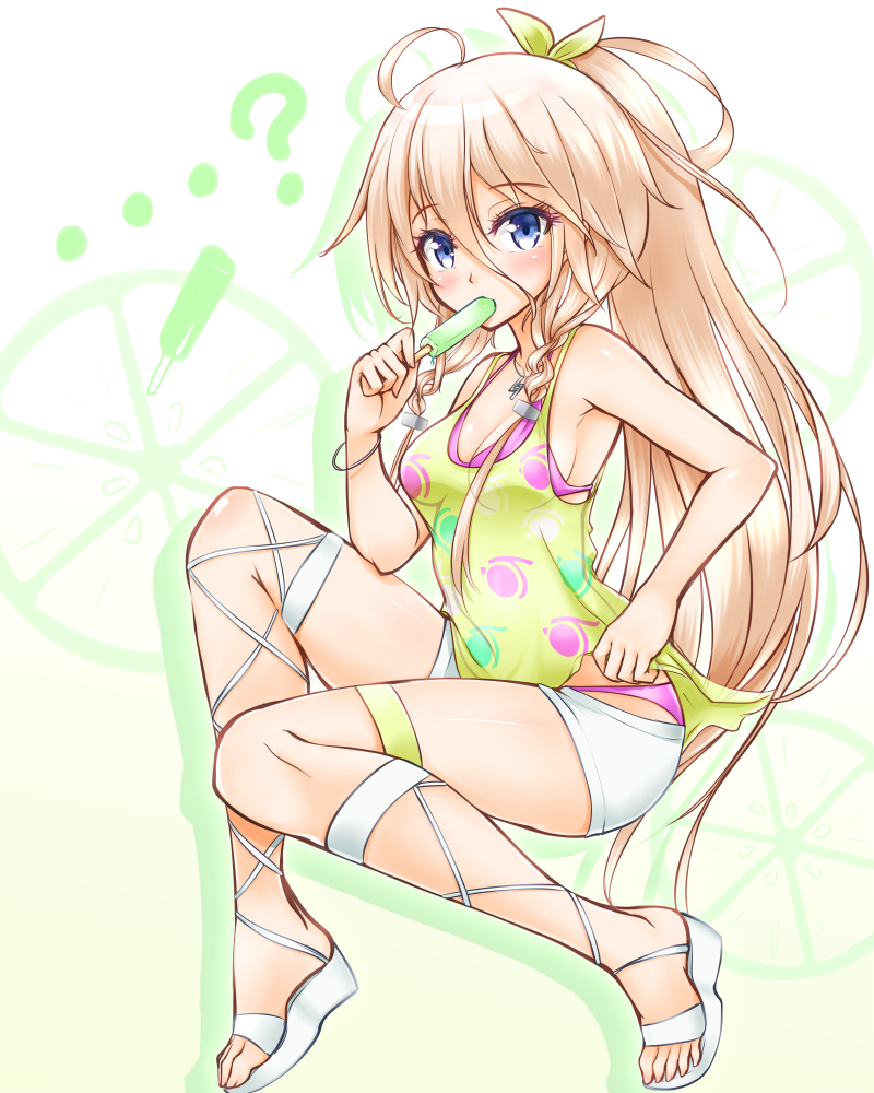 ...? 1girl ahoge ankle_lace-up bangle bikini bikini_under_clothes blonde_hair blue_eyes blush bow bracelet braid breasts cleavage commentary cross-laced_footwear eyelashes food fruit geckolion hair_bow halterneck ia_(vocaloid) jewelry legs lime_(fruit) long_hair looking_at_viewer necklace pink_bikini ponytail popsicle sandals short_shorts shorts sitting solo swimsuit swimsuit_under_clothes tank_top thigh_strap twin_braids vocaloid