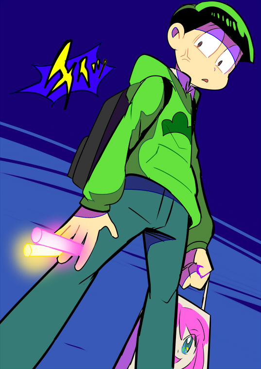 1boy blue_background glowstick hashimoto_nyaa hood hoodie male_focus matsuno_choromatsu osomatsu-kun osomatsu-san sachidraws simple_background solo