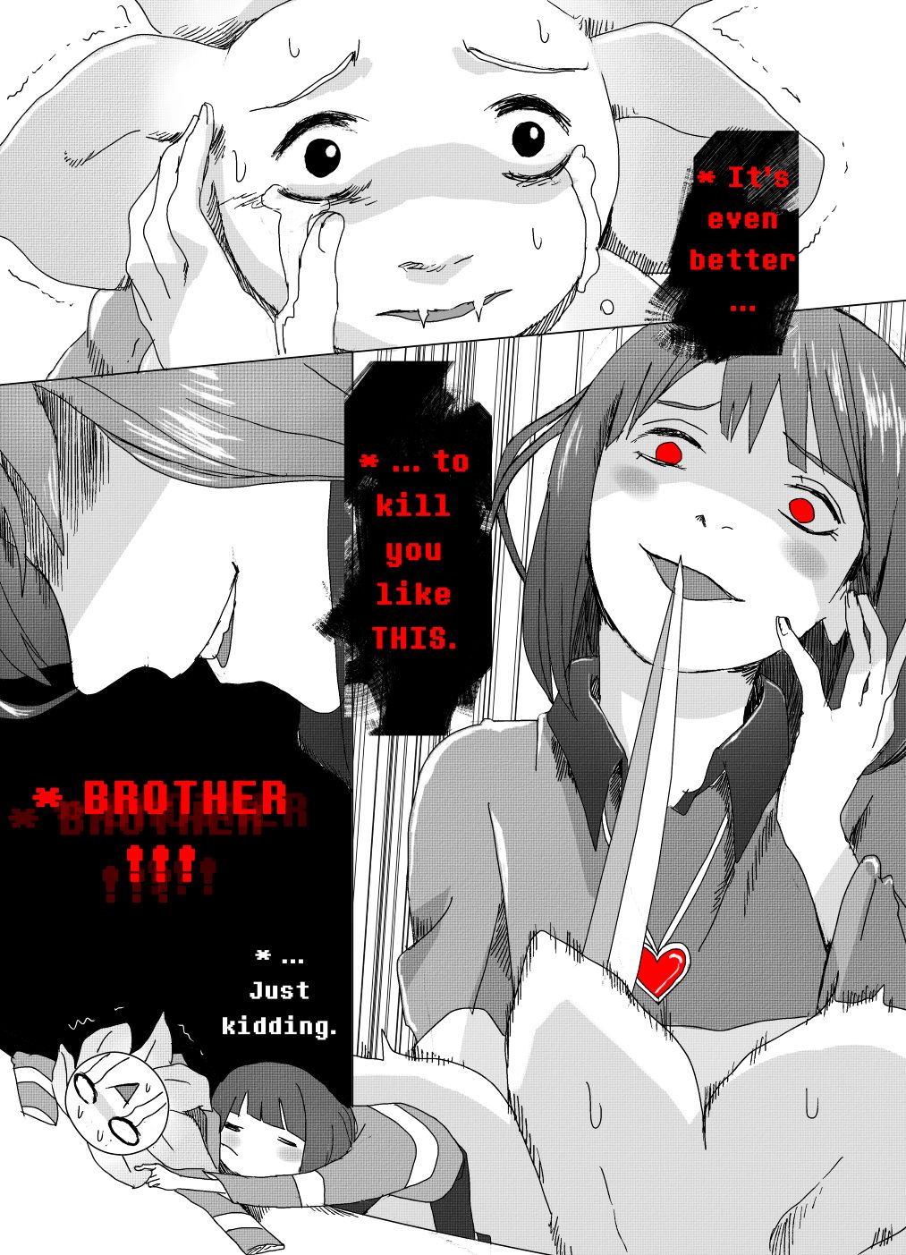 =_= androgynous asriel_dreemurr bossmonsterbani chara_(undertale) comic crying english evil_smile fangs flower flowey_(undertale) hands_on_another's_face heart highres hug jewelry knife pendant red_eyes scared shirt smile spoilers spot_color streaming_tears striped striped_shirt tears trembling undertale yandere yandere_trance