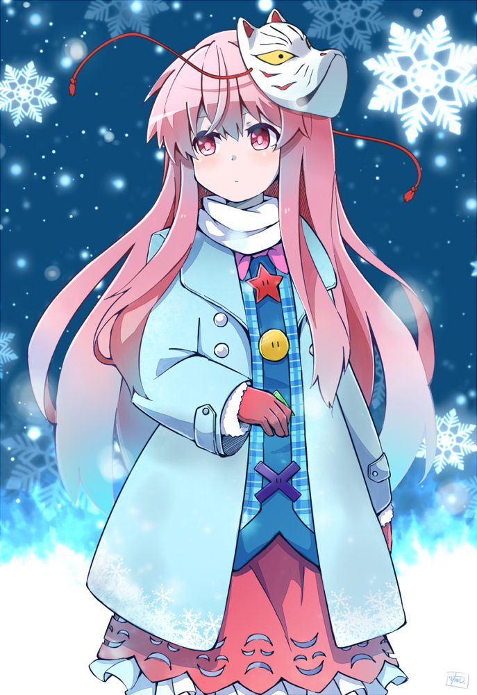 1girl buttons circle coat commentary_request cross fox_mask gloves hata_no_kokoro hopeless_masquerade long_hair long_sleeves looking_to_the_side mask mask_on_head open_clothes open_coat pink_eyes pink_hair plaid plaid_shirt scarf shirt skirt snowflakes snowing star touhou white_scarf yutamaro